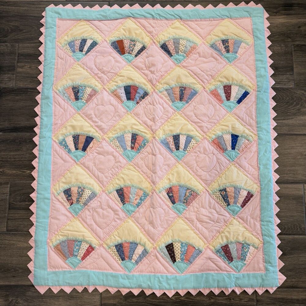 Handmade Pink & Blue Baby Fan Quilt Hearts Triangle Edges 48x39” Nursery Toddler